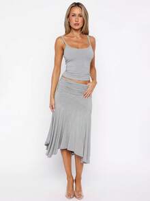 Two Pieces Set Spring/Summer Women's Fashionable Elegant Set Spaghetti Strap Tank Top With Elastic Waist Asymmetrical Hem Skirt Two Pieces Set - Grey - View 1