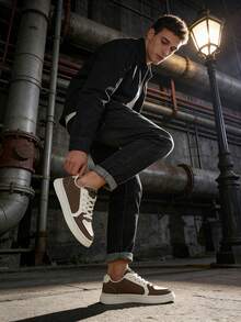 Men's Fashion Sneakers, Brown White Chunky Platform Lace-Up Shoes, Skate Style Casual Shoes - Cool Gift For Him, Skateboarding Inspired Design - 米色 - 查看 7