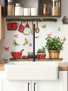 2件套红色餐具、蝴蝶和绿色植物墙贴，可移除厨房餐厅墙面装饰 - 紅色 - 查看 2