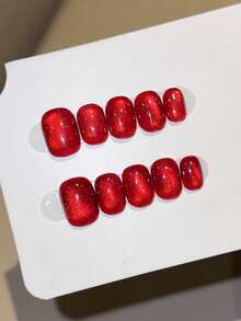 10片手工按压式美甲贴片，短椭圆形，红色，Y2K极简柔和风格，纯色猫眼，细闪，适合女性和女孩，适合度假和日常佩戴，春夏秋冬美甲用品。 - 紅色 - 查看 11