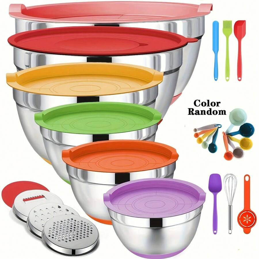 TAIMASI 26PCS Mixing 304 Stainless Steel Bowls With Airtight Lids Set, Stainless Steel Khaki Bowls With Grater Attachments, Non-Slip Bottoms & Kitchen Gadgets Set, Size 7, 4, 2.5, 2.0,1.5, 1QT, Great For Mixing & Serving - Perfect For Thanksgiving, Christmas, New Year's, And Mother's Day Cooking And Gifting Colors - 彩色 - 查看 1