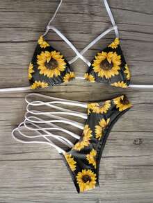 Sexy Multi-Strap Sunflower Print Triangle Bikini Set - Black - View 1