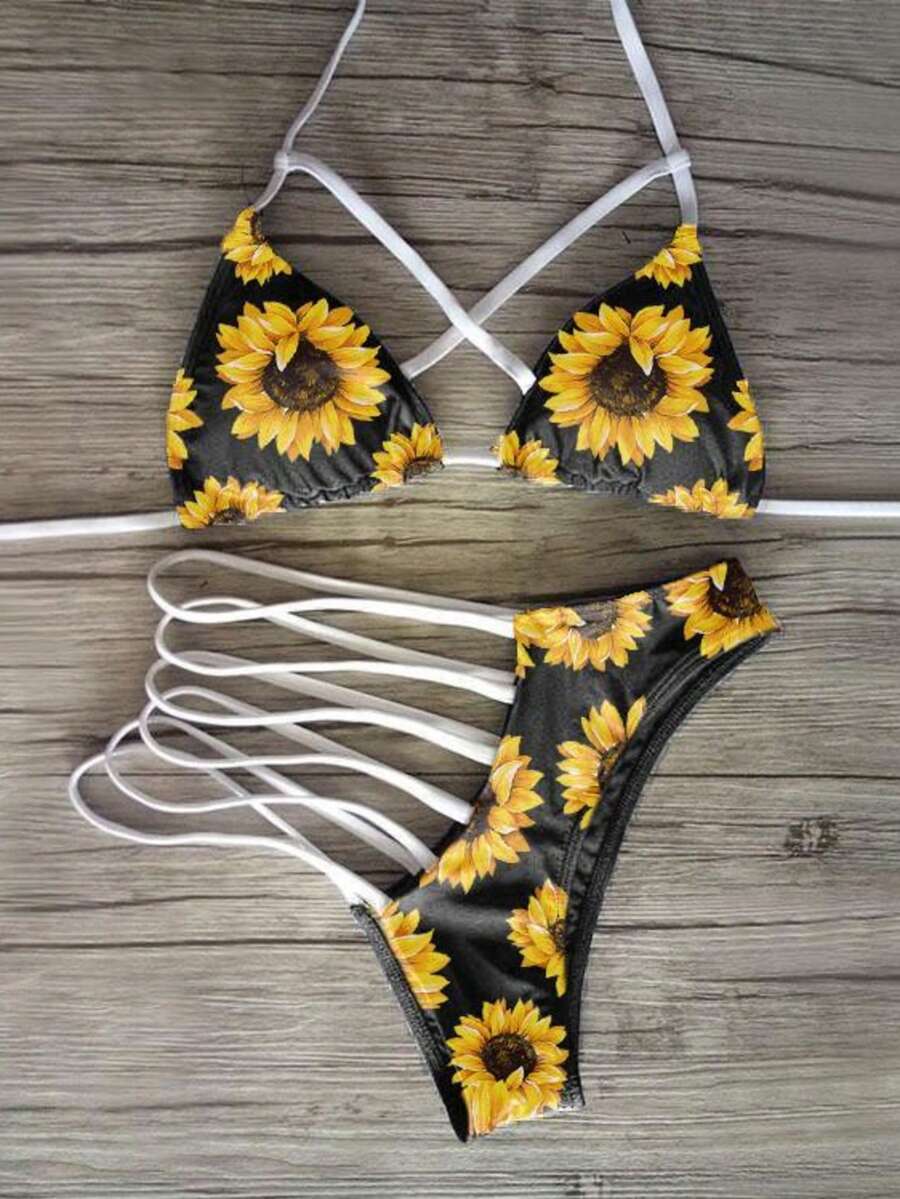 Sexy Multi-Strap Sunflower Print Triangle Bikini Set - Black - View 1