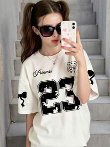 Tween Girls' Numeric Print Round Neck Loose Casual Short Sleeve T-Shirt - White - View 1