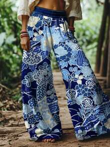 Women's Artistic Floral Wide-Leg Pants: High Waist Boho Trousers With Oriental Bloom Print In Deep Navy, White & Light Blue For Garden Parties, Resort Vacations & Spring Summer Style. - 混合色 - 查看 2