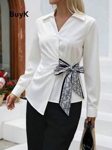 BuyK Women's White Asymmetric Design Long Sleeve Shirt, Paisley Print Side Tie Long Sleeve Ruffle Detail Blouse, Elegant Office Fashion Fitted Shirt - White - View 3