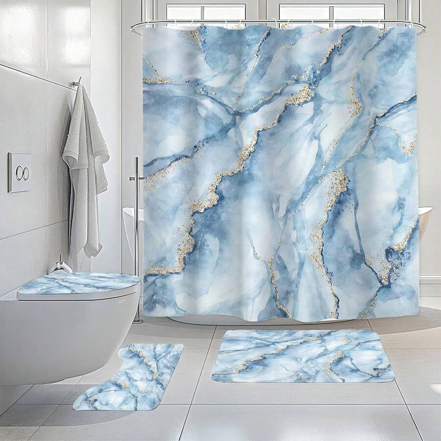 1pc/4pcs Bathroom Shower Curtain Set, Blue Marble Pattern, Modern Minimalist Style, All Season Decor, Classic Luxury Bathroom Set With 12 Hooks Included - Blue - View 1