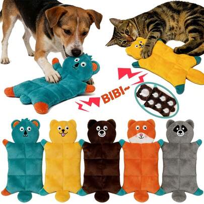 可爱发声毛绒宠物玩偶 - 毛茸茸动物（棕熊、松鼠、狐狸、考拉、浣熊），内置BIBI发声芯片，耐啃咬，适合小型、中型和大型犬猫，材质优良。