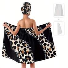 2pcs Black Leopard Print Bathrobe Set, Includes Hooded Wearable Bath Towel, Machine Washable Adult Home Use Bathrobe And Hair Drying Cap, Essential Bathroom Accessory - Multicolor - View 8