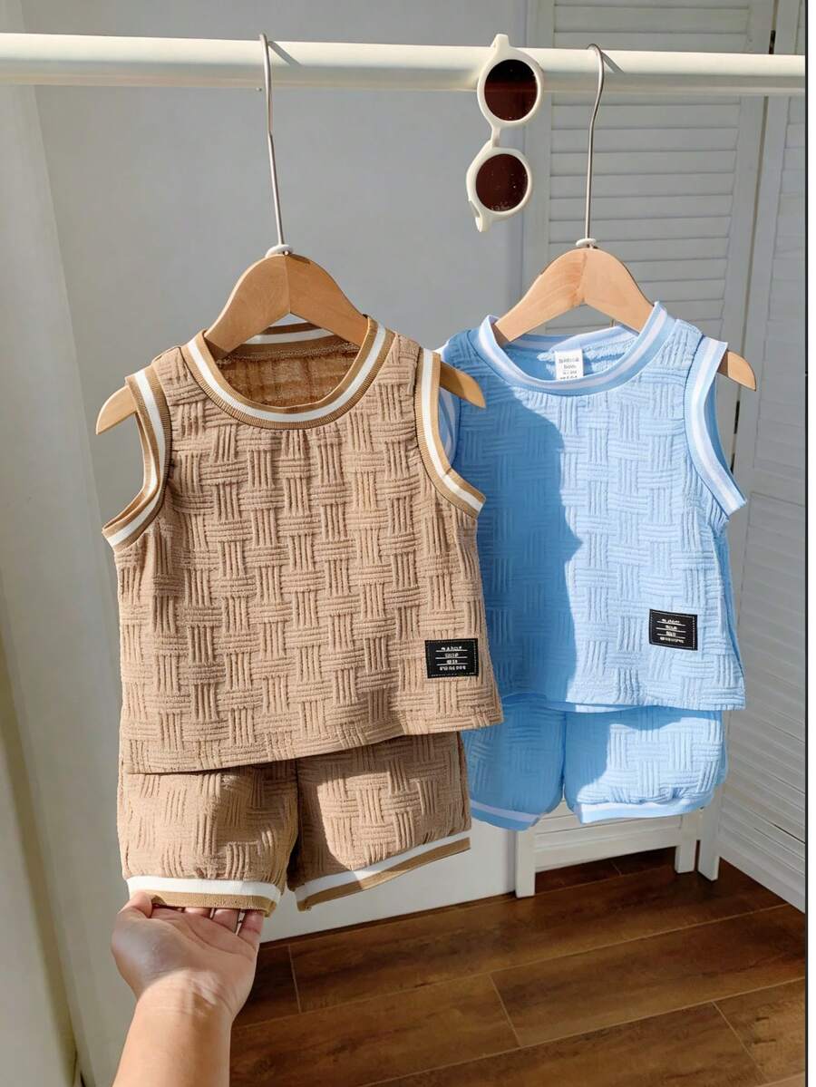 4pcs/Set Infant Boys' Summer New Textured Fabric Letter Print Round Neck Vest And Shorts Casual Fashion Outfit - Multicolor - View 1