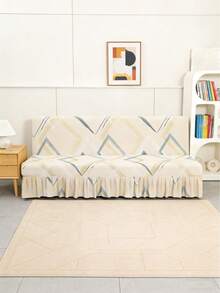 几何线条印花沙发床罩，裙摆式设计，弹性全包覆式聚酯纤维沙发罩，针织牛奶丝面料，四季皆宜 - 杏色 - 查看 4