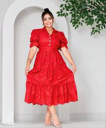 Women's Midi Dress With Embroidered Lace, All-Over Print, Embroidery, Button Detail, Ruffle Detail, Gathered Detail, Suitable For Formal And Evening Wear. - 3D Red - View 1