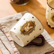 优雅复古兔子图案陶瓷早餐杯碟套装 - 波点饰边和精美边框，釉面工艺饮具，适用于日常居家使用、早餐、聚会和婚礼 - 彩色 - 查看 3