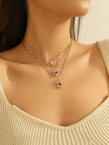 Collar con colgante de corona lujosa y corazón de rhinestone rosa, cadena de clavícula versátil y de moda para mujeres - Amor de la corona - Ver 3