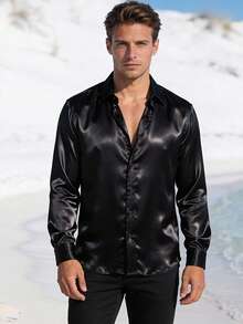 Men's Black Long Sleeve Casual Shirt, Outdoor Minimalist Fashion Shirt, Jacket - Black - View 2