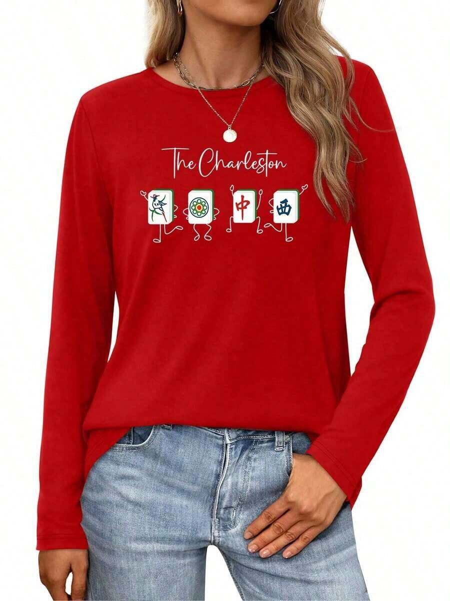 Mahjong Characters Dancing In 'Charleston' Womens Long-Sleeve Crewneck-ShirtFashionable Women's Clothing - 紅色 - 查看 1