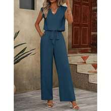 Two-Piece Set Women's Plain NotchedNeck Top & Tie Front Pants Set,Casual Sleeveless Top & ElasticWaist Trousers Summer, LadiesClothes Daily Wear, Womenswear - Màu xanh lam - Xem 3