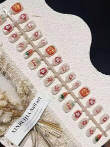 Monina 10片手工短指甲贴纸，可爱小马烟花图案，玻璃珠猫眼，时尚喜庆，适合新年，日常美甲用品 - 彩色 - 查看 7