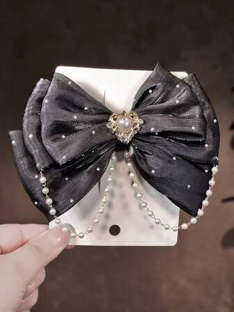 1件儿童发饰，女孩头饰，公主风珍珠蝴蝶结发夹，多层3D蝴蝶结发卡，优雅黑色珍珠链条蝴蝶结发夹