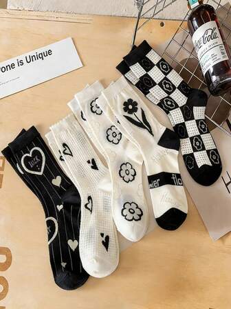 5 par damstrumpor i tunt nät, andningsbara till mitten av vaden, svarta och vita färgblocksdesign, moderiktiga och mångsidiga, vår/sommar