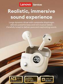 Lenovo LE233 Bluetooth Earphones, Half In-Ear Design, LED Power Display, ENC Smart Noise Cancellation, Bluetooth 6.0, HIFI Surround Sound For Music, Low Latency For Gaming, Long Battery Life, Comfortable Fit, Suitable For Smartphones, Computers, Holiday Gifts - Beige - View 3