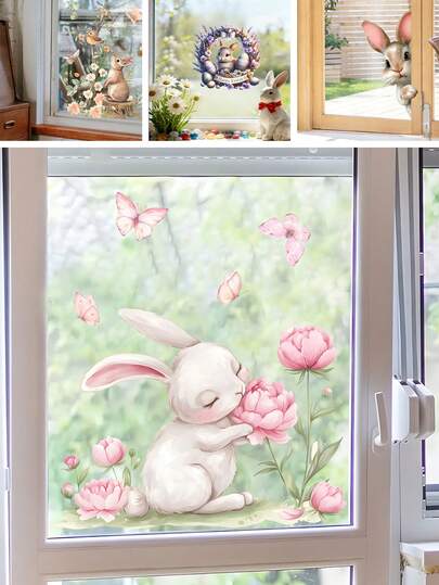BRUP 1pc Easter Bunny Window Stickers With Floral And Butterfly Patterns, Suitable For Home Windows In Bedrooms, Living Rooms, And Kitchens, Glass Decoration Stickers, Easter Art Decorations
