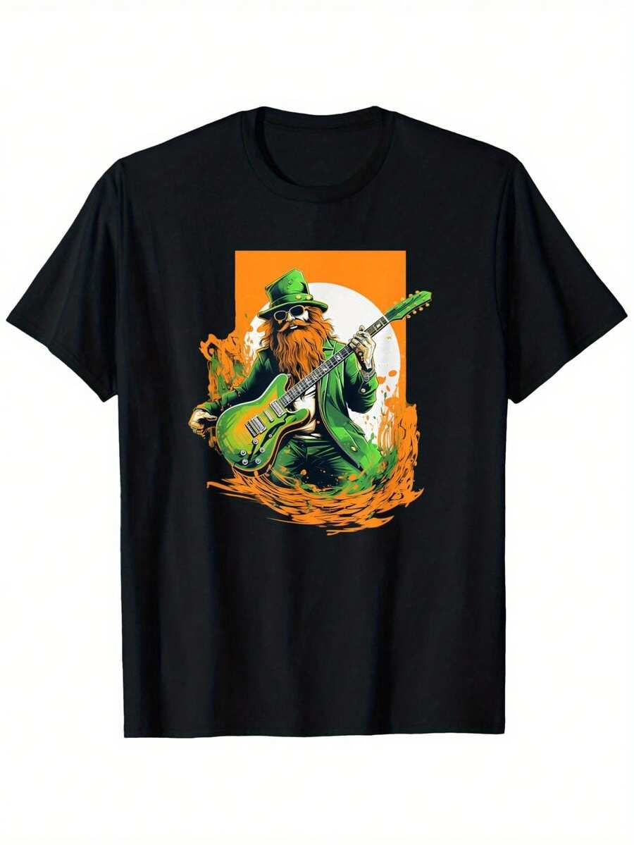 Men'S St. Patrick'S Day Leprechaun Playing Electric Guitar Graphic T-Shirt - Black With Orange Flame & Irish Music Design, Loose Fit Casual Round Neck Tee For Parades, Parties & Casual Attire (S-XXXL) - Cool Shamrock Shirt For Irish-Themed Even - 黑色 - 查看 1