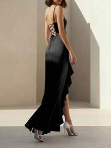 1pc Solid Color Pleated Backless Ruffle Hem Dress, Formal Evening Party & Casual Wear Elegant Black Summer - Black - View 3
