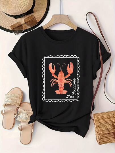 Plus Size Women's Casual Lobster & Letter Print Short Sleeve Black T-Shirt, Suitable For Summer, Vacation And Daily Commute