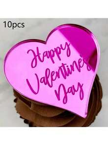 5pcs/10pcs/20pcs Heart Shaped Acrylic "Happy Valentine's Day" Cupcake Toppers, Suitable For Valentine's Day Party DIY Cake & Dessert Decorations