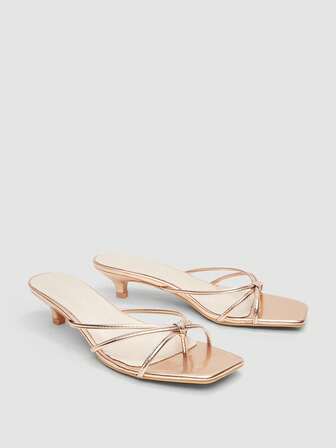 女士高跟凉鞋，粗跟酒杯粗跟凉鞋，香槟色细带露趾一脚蹬凉鞋