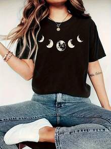 Camiseta Negra Lunares Estampado Casual Para Mujer Confort Moderna Juvenil Diaria Tallas Pequeñas y Medianas Ropa de Moda Bestseller - Negro - Ver 1