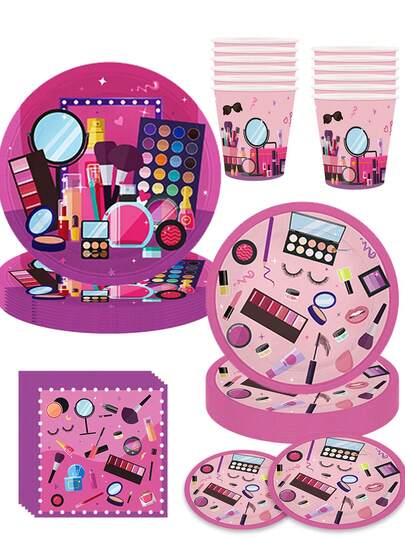 Juego de 16 piezas de suministros para fiesta con tema de consentida - Vajilla desechable que incluye platos de postre de papel, servilletas y vasos, adecuado para fiesta de maquillaje o fiesta de cumpleaños de niñas, bandejas de papel desechables para 10 personas