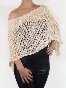 Women Sheer Knit Poncho Top Y2k See Through Shrug Crochet Mesh Cover Up Lightweight Asymmetrical Beach Shawl Cape Top - Màu Khaki - Xem 2