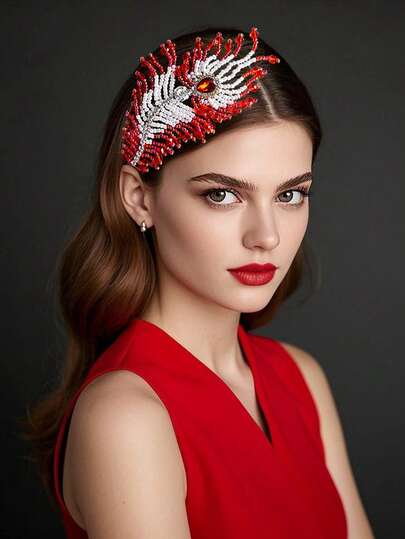 1pc Red Women's Headwear, Adorned With Sparkling Rhinestones And Small Rice Bead, Featuring Duckbill Clips, Hair Clips, Bridal Headwear, Wedding, Holiday, Carnival, Party, Date, Daily Casual Hair Accessories, Wedding Accessories, Women's Accessories, Women's Hair Accessories, Spring And Summer Hair Accessories