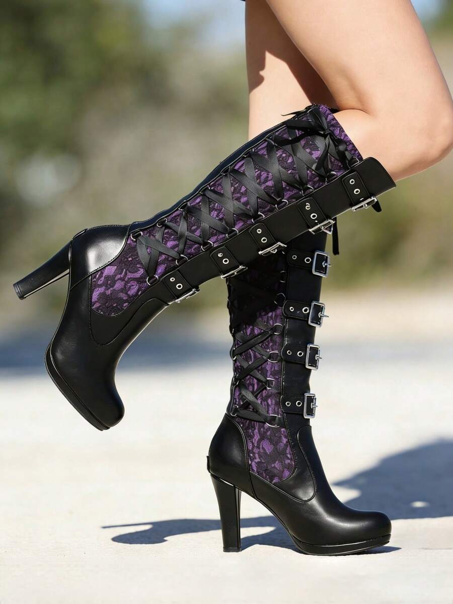 Women's Y2K Goth Knee High Boots With Buckle Block Heel Lace Up Knee-High Boots With Zip Punk Platform Tall Boots Dress Party Halloween Combat Boots - 紫色 - 查看 1