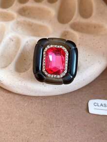 1枚复古树脂方形宽戒圈，镶嵌彩色水晶水钻 - 彩色 - 查看 10