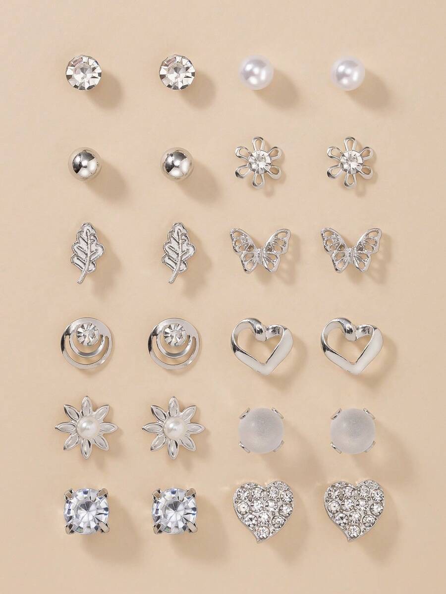 Bộ 12 đôi bông tai đính đá và ngọc trai giả hình bướm và trái tim tinh tế, độc đáo, sự kết hợp tuyệt đẹp dành cho phụ nữ đeo hàng ngày hoặc dự tiệc. - Bạc - Xem 1