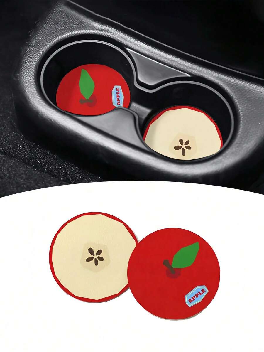 2pcs Car Cup Holders, Black Cat & Apple Shaped Anti-Slip Leather Coasters, Heat-Resistant, Dirt-Proof, Universal Fit Creative Car Interior Decor Mats