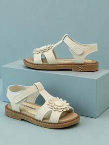 1 par de sandalias decoradas con margaritas blancas para niñas, de piel sintética, con tira cruzada y tira de tobillo antideslizante, de estilo dulce y fresco, artículo popular con alta valoración, diseño de moda, suela blanda, cómoda, sandalias ideales para niños en vacaciones - Beis - Ver 4