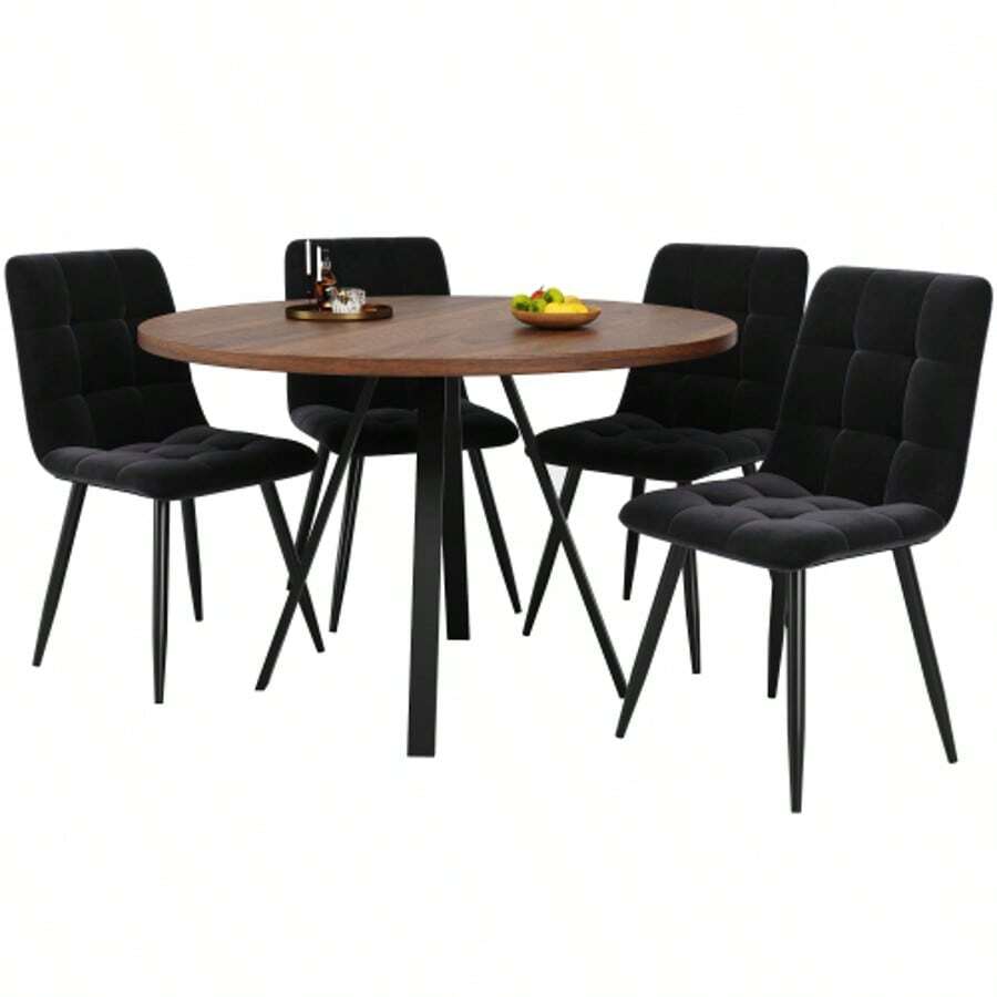 Dining Table (5-Piece), Round Dining Table, 80*80*75cm Dining Table With 4 Dining Chairs, Round Coffee Table For 4 People, Velvet Seats With Walnut-Colored Dining Table, Black Dining Chairs - Black - View 1