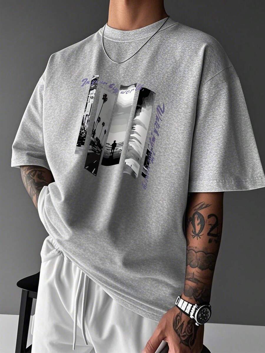 Men's Fashionable Versatile Landscape & Letter Print Round Neck Short Sleeve Casual T-Shirt, Summer - Grey - View 1