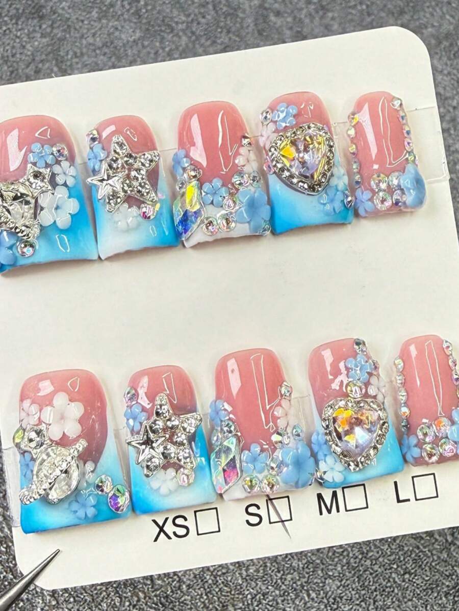 粉蓝渐变水钻装饰鸭嘴形假指甲，适用于派对、婚礼、摄影等美甲用品 - 彩色 - 查看 1