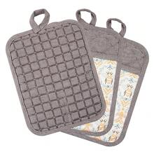 Pot Holders Set Of 3 Silicone Printing Non Slip Heat Resistant, Yarm-Dyed Hot Pads Cotton Home Kitchen CooFKing Barbecue Microwave Women Men Machine Washable BBQ Grilling. (Khaki Potholdes),Khaki5 - 卡其色5 - 查看 8