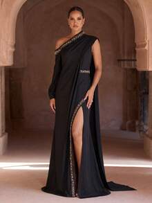 奢华亮片点缀黑色长款晚礼服，高开衩设计，阿拉伯风格长袍，卡夫坦长袍，端庄优雅长袍，女士阿拉伯连衣裙，派对礼服，婚礼宾客礼服，正式礼服