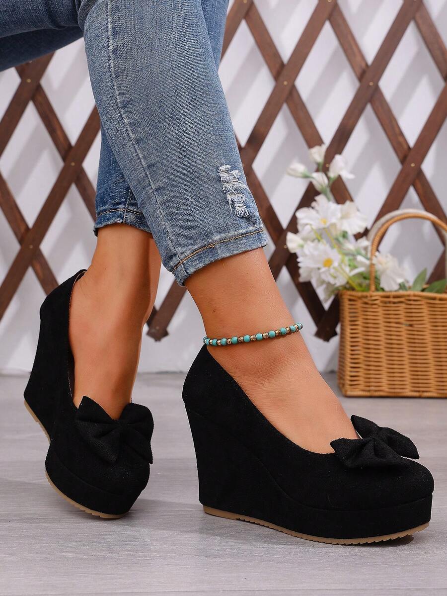 Giày cao gót 10cm mũi tròn trang trí nơ, giày nữ thanh lịch, thoải mái, dễ mang cho các dịp hàng ngày, dự tiệc và công sở. - màu đen - Xem 1