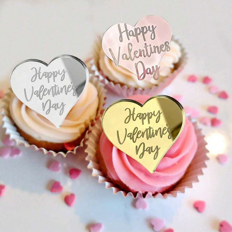 5pcs/10pcs/20pcs Heart Shaped Acrylic "Happy Valentine's Day" Cupcake Toppers, Suitable For Valentine's Day Party DIY Cake & Dessert Decorations