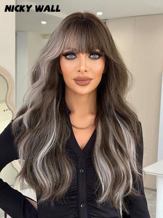 NICKY WALL Peluca sintética larga y rizada de 26 pulgadas con reflejos grises, con flequillo natural y fibra resistente al calor suave. Peluca ondulada para mujer para uso diario, fiestas y regalos de festivales