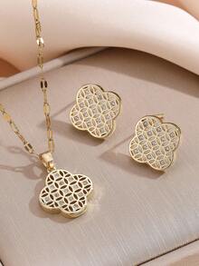 Bộ trang sức gồm dây chuyền và bông tai mặt dây chuyền hình hoa bốn lá bằng thép không gỉ, thiết kế sang trọng, đa năng, thích hợp làm quà tặng. - Cỏ bốn lá vàng - Xem 6