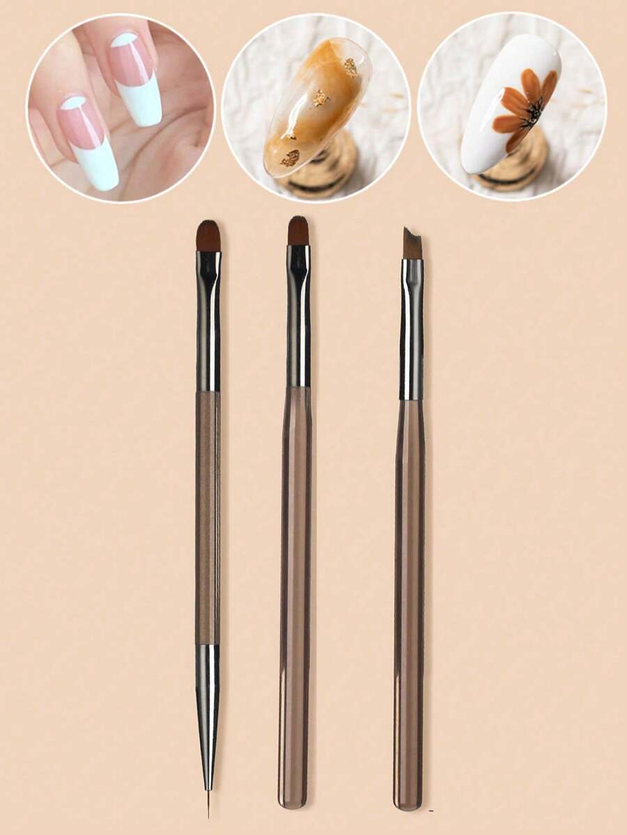 3pcs Acrylic Nail Art Brush Set, Including Painting Brush, UV Gel Brush, Building Rope Brush, Sweeping Brush And Acrylic Long Rod - Coffee Brown - View 1